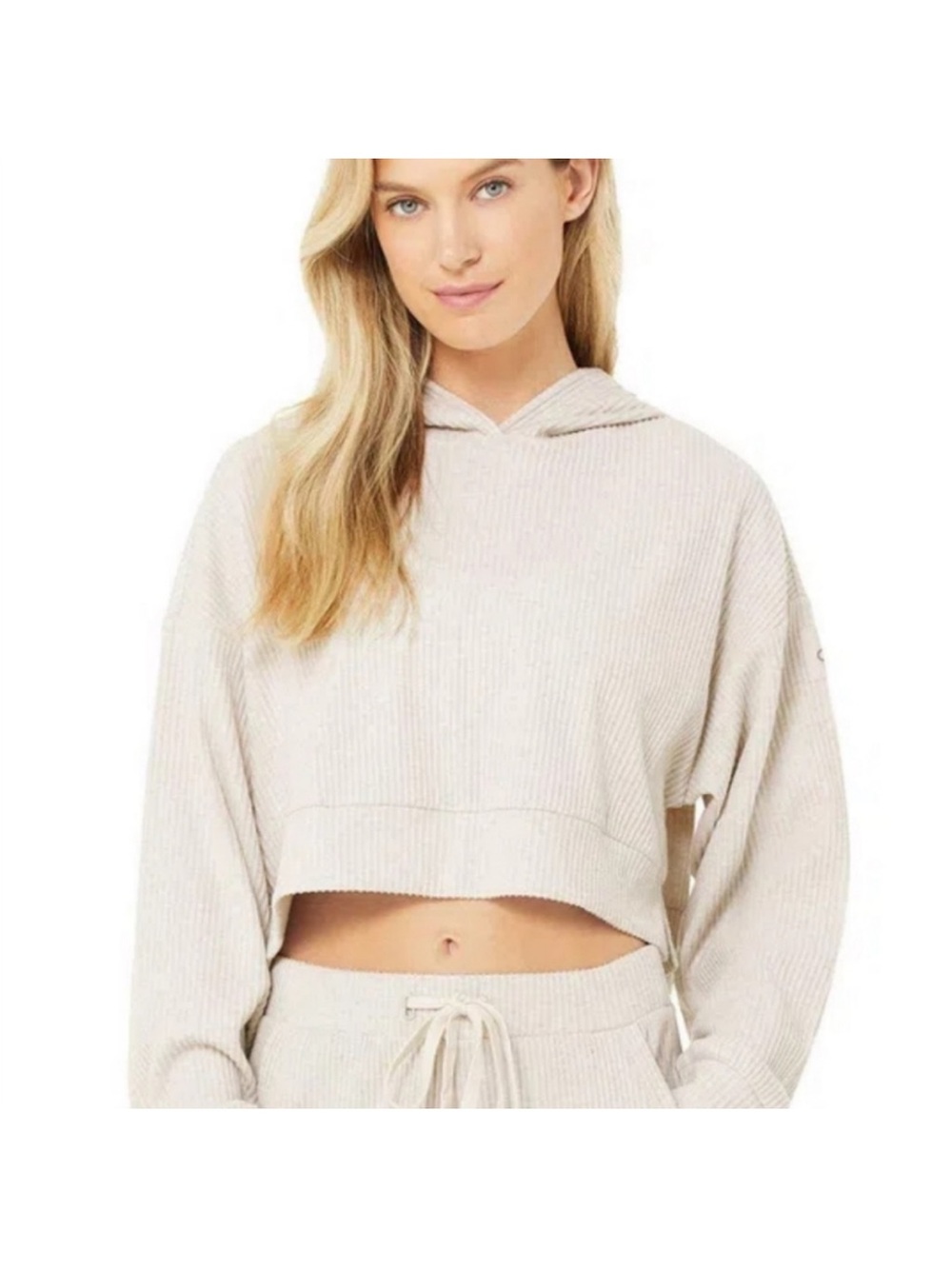 Alo Yoga Muse Cropped Ribbed Hoodie (S) - bone heather
